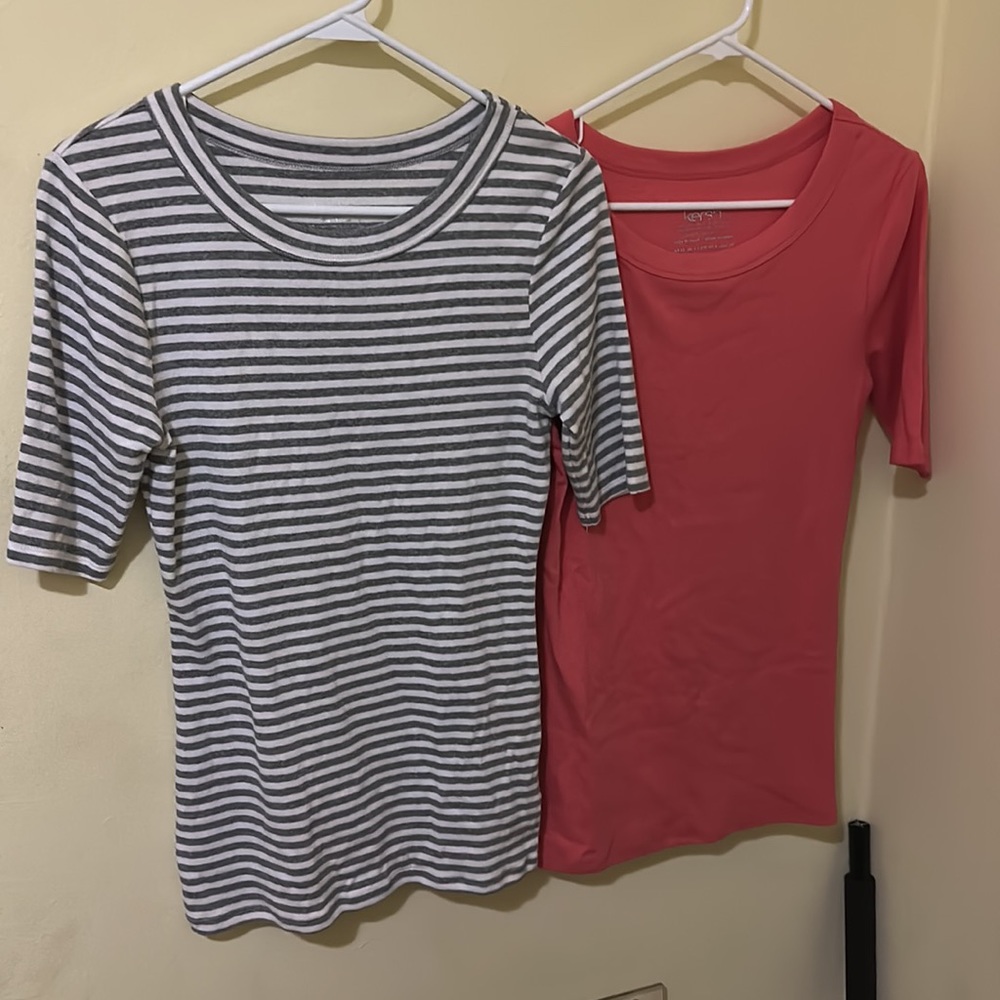 Striped top grey and white and pink/ coral